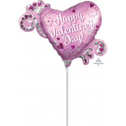 HEART SATIN HAPPY VALENTINE'S DAY MINI SHAPE A30 INFLATED WITH CUP & STICK