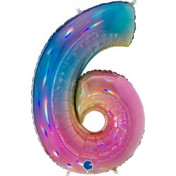 COLOURFUL RAINBOW HOLOGRAPHIC NUMBER 6 SHAPE 40" PKT