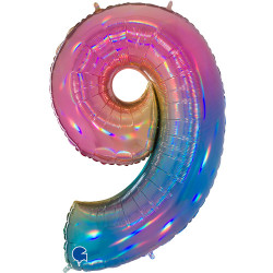 COLOURFUL RAINBOW HOLOGRAPHIC NUMBER 9 SHAPE 40" PKT