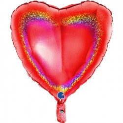 RED GLITTER HOLOGRAPHIC HEART 18" PKT