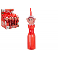 ELVES BEHAVIN' BADLY CLEAR RED PLASTIC BOTTLE WITH ELF HEAD ON TOP & FLEXISTRAW